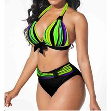 Load image into Gallery viewer, Plus Size Neon Striped Bikini Set Push Up Women High Waist Bikini Set Halter Two Piece Bathing Suits Crisscross Tummy Control Swimsuit Push Up Swimwear Women High Waist Halter Beach Swimwear Retro Bathing Suit Swimming Suit
