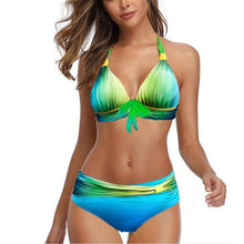 Load image into Gallery viewer, Plus Size Neon Striped Bikini Set Push Up Women High Waist Bikini Set Halter Two Piece Bathing Suits Crisscross Tummy Control Swimsuit Push Up Swimwear Women High Waist Halter Beach Swimwear Retro Bathing Suit Swimming Suit
