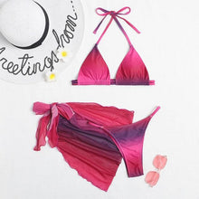 Load image into Gallery viewer, Print Swimsuit 3 Piece Mesh Bikini Set  Women's Ribbed Floral Bikini Set Tie Side Swimsuit Cover Ups Daisy Butterfly Print Three Piece Bikini Swimwear Triangle Micro Bikini String Halter Swimwear Women Low Waist Bathing Suit

