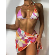 Load image into Gallery viewer, Print Swimsuit 3 Piece Mesh Bikini Set  Women's Ribbed Floral Bikini Set Tie Side Swimsuit Cover Ups Daisy Butterfly Print Three Piece Bikini Swimwear Triangle Micro Bikini String Halter Swimwear Women Low Waist Bathing Suit
