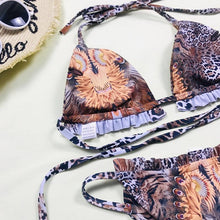 Load image into Gallery viewer, Print Swimsuit 3 Piece Mesh Bikini Set  Women's Ribbed Floral Bikini Set Tie Side Swimsuit Cover Ups Daisy Butterfly Print Three Piece Bikini Swimwear Triangle Micro Bikini String Halter Swimwear Women Low Waist Bathing Suit
