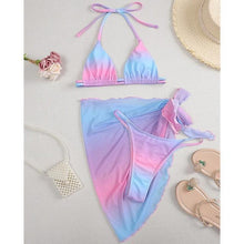 Load image into Gallery viewer, Print Swimsuit 3 Piece Mesh Bikini Set  Women's Ribbed Floral Bikini Set Tie Side Swimsuit Cover Ups Daisy Butterfly Print Three Piece Bikini Swimwear Triangle Micro Bikini String Halter Swimwear Women Low Waist Bathing Suit
