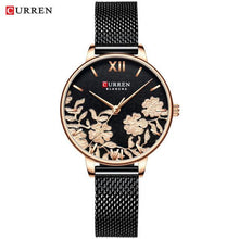 Load image into Gallery viewer, Womens Elegant Waterproof Clock With Decoupage Flower Details In Variant With Leather And Stainless Steel Knitted Belts

