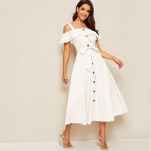 Load image into Gallery viewer, White Button-Down MIDI Dress With Fresh my Tie Waist
