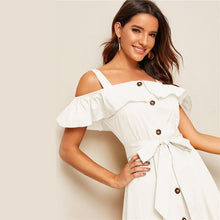 Load image into Gallery viewer, White Button-Down MIDI Dress With Fresh my Tie Waist
