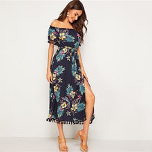 Load image into Gallery viewer, Navy Tropical Print Tassel Long Dresses
