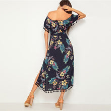 Load image into Gallery viewer, Navy Tropical Print Tassel Long Dresses
