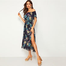 Load image into Gallery viewer, Navy Tropical Print Tassel Long Dresses
