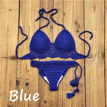 Load image into Gallery viewer, Summer Hand Crochet Women Swimwear Crop Top Push Up Bikini Set Beach Swimsuit Suit Tassel Swim Beach Beachwear Bikini Bra Bikini Swimsuit Women Beach Crochet Crop Summer Halter Bikini
