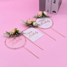 Load image into Gallery viewer, 1Pcs Metal Happy Birthday Cake Topper Artificial flowers Cake Toppers Happy Birthday Cake Topper Metal And Acrylic Cake Decoration With Pink Artificial Flower Cluster For DIY Baby Shower Birthday Party Decoration Baking Decor
