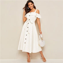 Load image into Gallery viewer, White Button-Down MIDI Dress With Fresh my Tie Waist
