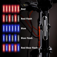 Load image into Gallery viewer, Bike Tail Light Ultra Bright Bike Light USB Rechargeable LED Bicycle Rear Light 5 Light Mode Headlights With Red + Blue Ultra Bright Bike Light USB Rechargeable LED Bicycle Rear Light Waterproof Helmet Light
