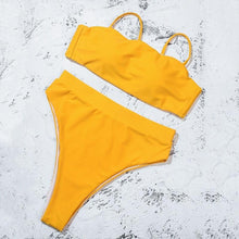 Load image into Gallery viewer, Bikinis Solid Push Up Bikini Padded Bra Straps High Waist Swimsuit Female Swimwear Women's Bathing Suit Lace up Bikini Ribbed Two Piece Swimsuit
