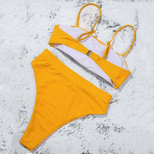 Load image into Gallery viewer, Bikinis Solid Push Up Bikini Padded Bra Straps High Waist Swimsuit Female Swimwear Women's Bathing Suit Lace up Bikini Ribbed Two Piece Swimsuit
