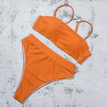 Load image into Gallery viewer, Bikinis Solid Push Up Bikini Padded Bra Straps High Waist Swimsuit Female Swimwear Women's Bathing Suit Lace up Bikini Ribbed Two Piece Swimsuit

