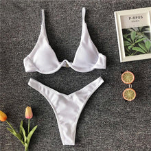Load image into Gallery viewer, Neon V-bar Underwired Bikini Female Ribbed Swimsuit Women Swimwear Two-pieces Bikini set Push up Bathing Suit
