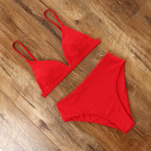 Load image into Gallery viewer, Bikini Swimwear Swimsuit Women Solid Bathing Suit Bikini Set With Pad Female High Waist Beachwear Women Bikini Swimsuits 2 Piece Deep V Neck Swimwear Adjustable Strap Back Bathing Suits
