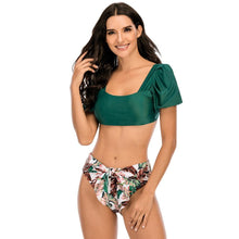 Load image into Gallery viewer, Bikini New 2 Piece Women Swimsuit Women's High Waist Bikini Set Fashion Puff Sleeve Swimwear Set Bathing Suits Solid Color Short Puff Sleeve Summer High Waist Cut Backless Bathing Suit Beachwear
