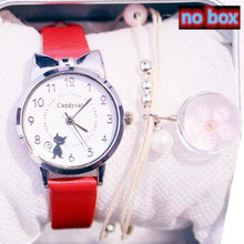 Load image into Gallery viewer, Women Charming Watch Set Pink Leather Strap Student Watch Children Black Cat Leather Strap And Round Dial Quartz Watches For Women Cat Dial With Stainless Steel Dial Quartz Watch
