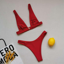 Load image into Gallery viewer, Summer Bikini Stylish Swimwear Women Halter Push Up Bikini Women's  Neck Triangle Bikini Set Leopard Print Two Piece Swimsuits Set Swimsuit Female Lemon Print Bandage Bathing Suit
