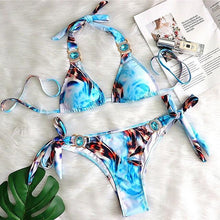 Load image into Gallery viewer, Luxury Purple Halter Crystal Diamond Bikini Female Swimsuit Women Swimwear Rhinestone Bikini Set Bathing Suit Women's Swimwear Rhinestone Halter Low Waist Tie Side Bikini Set 2 Pieces Crystal Diamond Swimsuit
