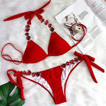 Load image into Gallery viewer, Luxury Purple Halter Crystal Diamond Bikini Female Swimsuit Women Swimwear Rhinestone Bikini Set Bathing Suit Women's Swimwear Rhinestone Halter Low Waist Tie Side Bikini Set 2 Pieces Crystal Diamond Swimsuit
