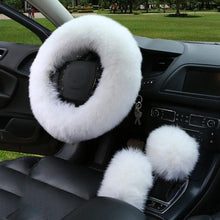Load image into Gallery viewer, 3PCS Fur Steering Wheel Cover Set Real Sheepskin Auto Plush Warm Fluffy Fuzzy Women Winter Fashion Wool Fur Soft Furry Steering Wheel Covers Blue Fluffy Handbrake Cover Gear Shift Cover Fuzz Warm Non-slip Car Decoration Car Accessories for Women Girl
