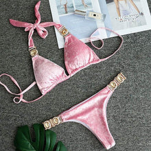 Load image into Gallery viewer, Luxury Purple Halter Crystal Diamond Bikini Female Swimsuit Women Swimwear Rhinestone Bikini Set Bathing Suit Women's Swimwear Rhinestone Halter Low Waist Tie Side Bikini Set 2 Pieces Crystal Diamond Swimsuit
