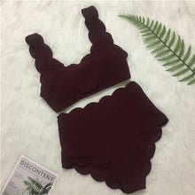 Load image into Gallery viewer, Women Solid Swimwear Female Bathing Suit Scalloped High Waist Bikini Set Two Pieces Women's Solid Color Lace-up High Waist Scoop Collar Padded Bathing Suit
