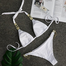 Load image into Gallery viewer, Luxury Purple Halter Crystal Diamond Bikini Female Swimsuit Women Swimwear Rhinestone Bikini Set Bathing Suit Women's Swimwear Rhinestone Halter Low Waist Tie Side Bikini Set 2 Pieces Crystal Diamond Swimsuit
