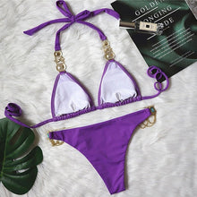 Load image into Gallery viewer, Luxury Purple Halter Crystal Diamond Bikini Female Swimsuit Women Swimwear Rhinestone Bikini Set Bathing Suit Women's Swimwear Rhinestone Halter Low Waist Tie Side Bikini Set 2 Pieces Crystal Diamond Swimsuit
