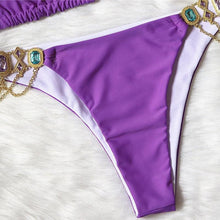 Load image into Gallery viewer, Luxury Purple Halter Crystal Diamond Bikini Female Swimsuit Women Swimwear Rhinestone Bikini Set Bathing Suit Women's Swimwear Rhinestone Halter Low Waist Tie Side Bikini Set 2 Pieces Crystal Diamond Swimsuit
