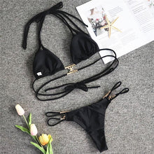 Load image into Gallery viewer, Luxury Purple Halter Crystal Diamond Bikini Female Swimsuit Women Swimwear Rhinestone Bikini Set Bathing Suit Women's Swimwear Rhinestone Halter Low Waist Tie Side Bikini Set 2 Pieces Crystal Diamond Swimsuit
