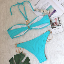 Load image into Gallery viewer, Luxury Purple Halter Crystal Diamond Bikini Female Swimsuit Women Swimwear Rhinestone Bikini Set Bathing Suit Women's Swimwear Rhinestone Halter Low Waist Tie Side Bikini Set 2 Pieces Crystal Diamond Swimsuit
