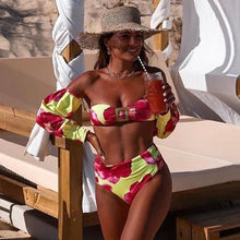 Load image into Gallery viewer, Trendy High Waist Bikini New Long Sleeve Swimsuit  Women's Long Sleeve High Waist Off-Shoulder Swimwear Women Bubble Sleeve Bikinis Mesh Charming Beach Wear
