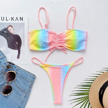 Load image into Gallery viewer, Rainbow Printed Micro Thong Lace Up Bikini Women Swimwear Swimsuits for Women Tie String Triangle Bikini Set Two Piece Bathing Suits Female Swimsuit Two-pieces Bikini Set
