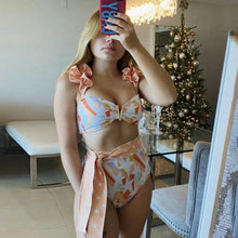 Load image into Gallery viewer, Two-Pieces Women Floral Push-Up Padded Bra Ruffles Bikini Set Swimsuit Swimwear Bathing Suit Beachwear Floral Printed Swimsuit Knotted String Triangle Bikini Tie Side High Cut Cheeky Bikini Set
