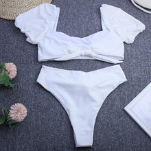 Load image into Gallery viewer, Bikini New 2 Piece Women Swimsuit Women's High Waist Bikini Set Fashion Puff Sleeve Swimwear Set Bathing Suits Solid Color Short Puff Sleeve Summer High Waist Cut Backless Bathing Suit Beachwear
