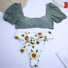 Load image into Gallery viewer, Bikini New 2 Piece Women Swimsuit Women's High Waist Bikini Set Fashion Puff Sleeve Swimwear Set Bathing Suits Solid Color Short Puff Sleeve Summer High Waist Cut Backless Bathing Suit Beachwear
