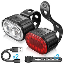 Load image into Gallery viewer, 4 Modes 350mAh USB Road Bicycle Headlight Rechargeable Cycling Taillight LED Bike Front Light Head Lamp Ultra Bright Front And Back Rear Bicycle Light Combo IPX4 Waterproof Mountain Road Helmet Cycle Headlight And Taillight Set
