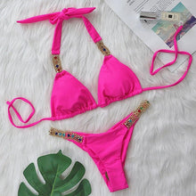 Load image into Gallery viewer, Luxury Purple Halter Crystal Diamond Bikini Female Swimsuit Women Swimwear Rhinestone Bikini Set Bathing Suit Women's Swimwear Rhinestone Halter Low Waist Tie Side Bikini Set 2 Pieces Crystal Diamond Swimsuit
