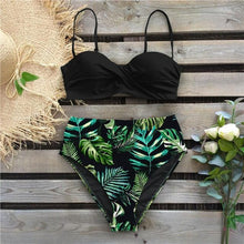 Load image into Gallery viewer, High Waist Bikini Set Women  Bikini Flower Swimwear Women High Waist Bikini Halter Two Piece Bathing Suits Tummy Control Swimsuit Push Up Swimwear Vintage Halter Neck Swimsuit Female Green Bathing Suit
