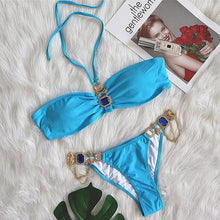 Load image into Gallery viewer, Luxury Purple Halter Crystal Diamond Bikini Female Swimsuit Women Swimwear Rhinestone Bikini Set Bathing Suit Women's Swimwear Rhinestone Halter Low Waist Tie Side Bikini Set 2 Pieces Crystal Diamond Swimsuit
