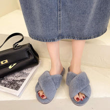 Load image into Gallery viewer, Fluffy Slippers Women Cozy Faux Fur Cross Indoor Floor Slides Flat Soft Furry Shoes Fluffy Furry Fur Slippers Flip Flop Open Toe Cozy House Memory Foam Sandals Slides Soft Flat Comfy Slippers

