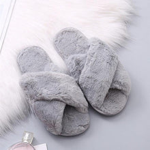 Load image into Gallery viewer, Fluffy Slippers Women Cozy Faux Fur Cross Indoor Floor Slides Flat Soft Furry Shoes Fluffy Furry Fur Slippers Flip Flop Open Toe Cozy House Memory Foam Sandals Slides Soft Flat Comfy Slippers
