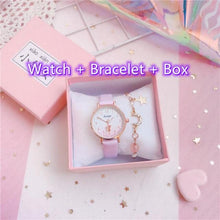 Load image into Gallery viewer, Fashion Set Bracelet Watch Leather Strap Watch Cute Cat Dial Girl Watch Children Quartz Watch Couple Watch Gift Set Valentines Romantic Lovers Watch For Man Woman Leather Strap
