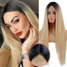 Load image into Gallery viewer, Long Straight Synthetic Black Wig Mixed Brown and Blonde Long Wig For Black Women Middle Part Nature Wigs For Black Women Cosplay Wigs For Women
