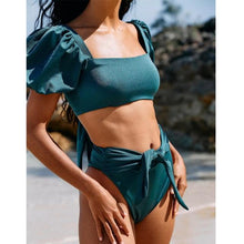 Load image into Gallery viewer, Bikini New 2 Piece Women Swimsuit Women's High Waist Bikini Set Fashion Puff Sleeve Swimwear Set Bathing Suits Solid Color Short Puff Sleeve Summer High Waist Cut Backless Bathing Suit Beachwear
