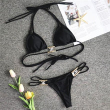 Load image into Gallery viewer, Shiny Diamond Bikini Push Up Halter Swimsuit Female Crystal Swimwear Women Bathing Suit New Women's Crystal Diamond Swimsuit High Cut Bikini Set Straps Two Piece Bathing Suit
