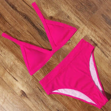 Load image into Gallery viewer, Bikini Swimwear Swimsuit Women Solid Bathing Suit Bikini Set With Pad Female High Waist Beachwear Women Bikini Swimsuits 2 Piece Deep V Neck Swimwear Adjustable Strap Back Bathing Suits
